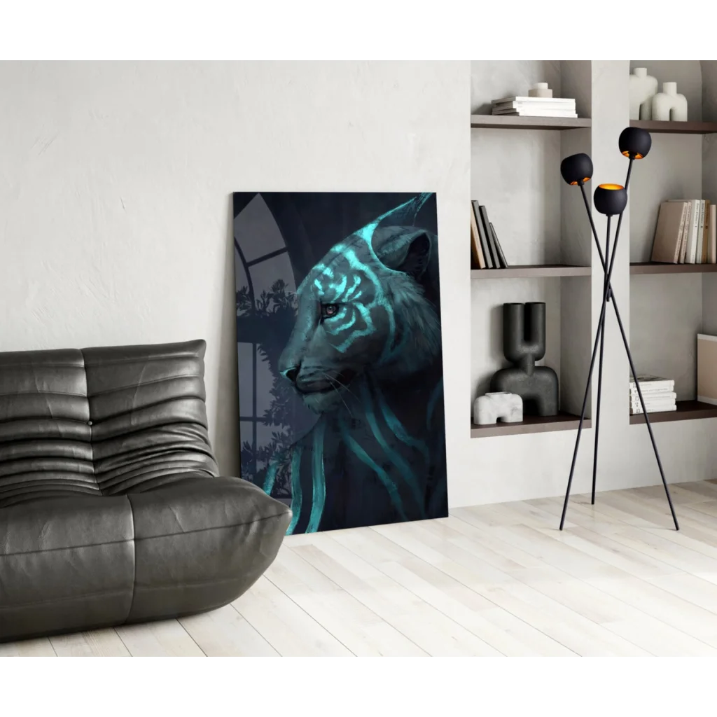 Glowing neon cat wall art with electric tiger stripes and geometric patterns