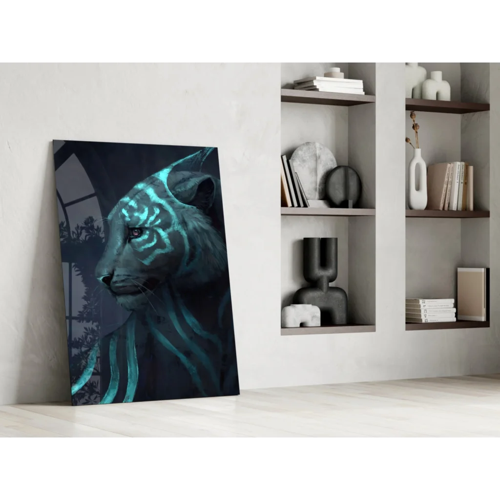Neon blue tiger glowing on black canvas wall art print