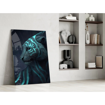 Neon blue tiger glowing on black canvas wall art print
