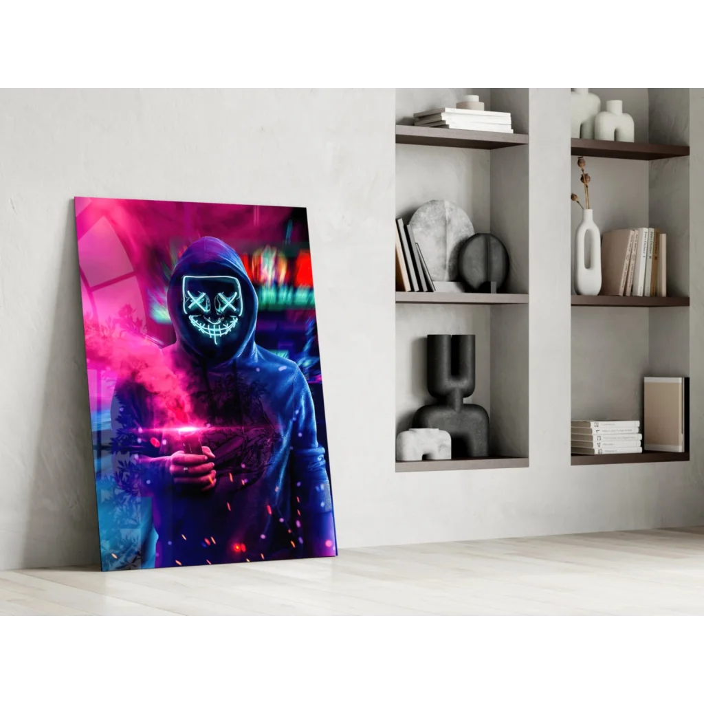 Glowing neon skull wall art print with electric pink and blue vibes