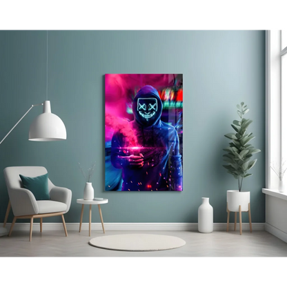 Glowing neon skull wall art print on canvas with pink blue vibes