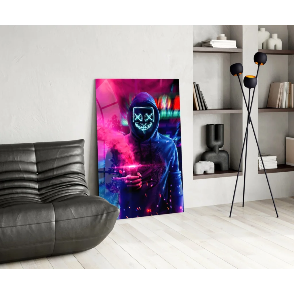 Glowing neon skull wall art with electric pink and blue smoke bomb vibes