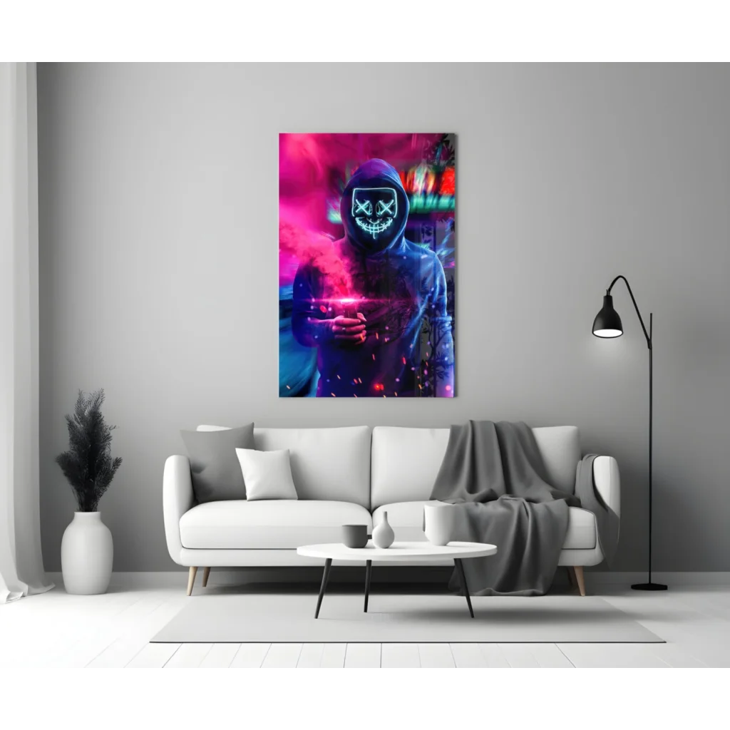 Glowing neon skull wall art in vibrant pink and blue hues