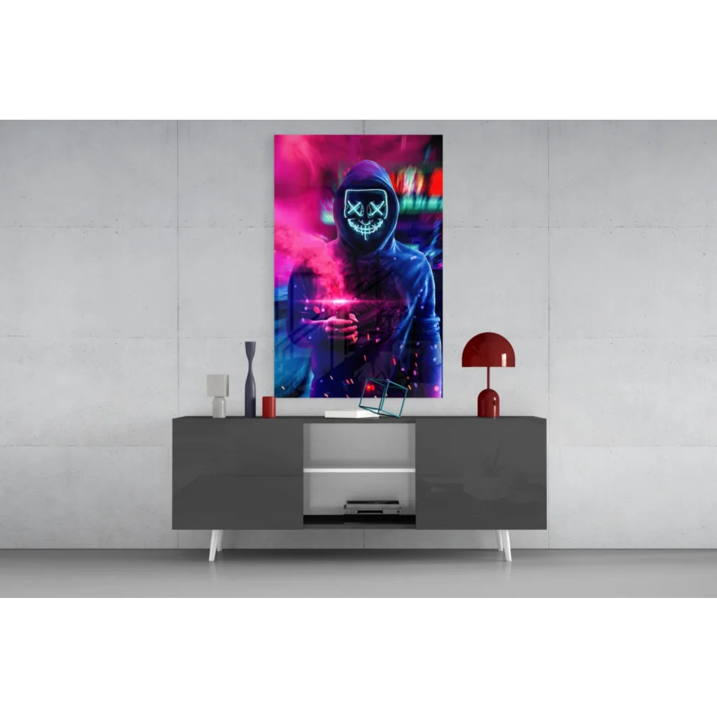 Black and white skull wall art with glowing neon pink and blue vibes