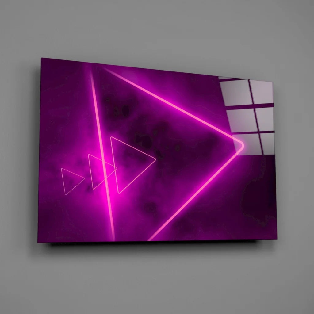 Vibrant purple neon triangle glass wall art with glowing pink outlines