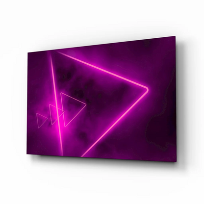Glowing neon triangle glass wall art in electric purple pink