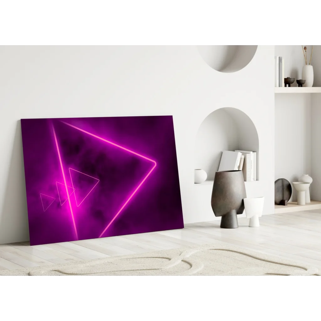 Vibrant purple glass wall art with glowing neon pink triangles