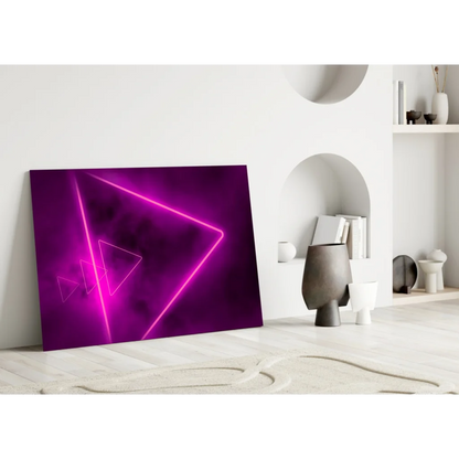Vibrant purple glass wall art with glowing neon pink triangles