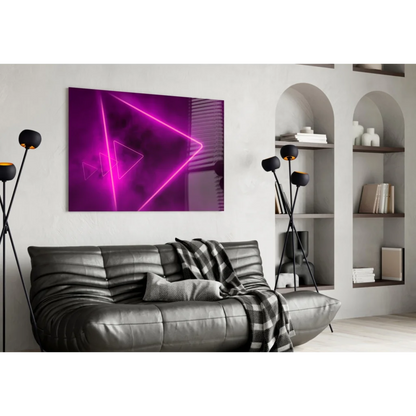 Vibrant purple neon triangle glass wall art with glowing lines
