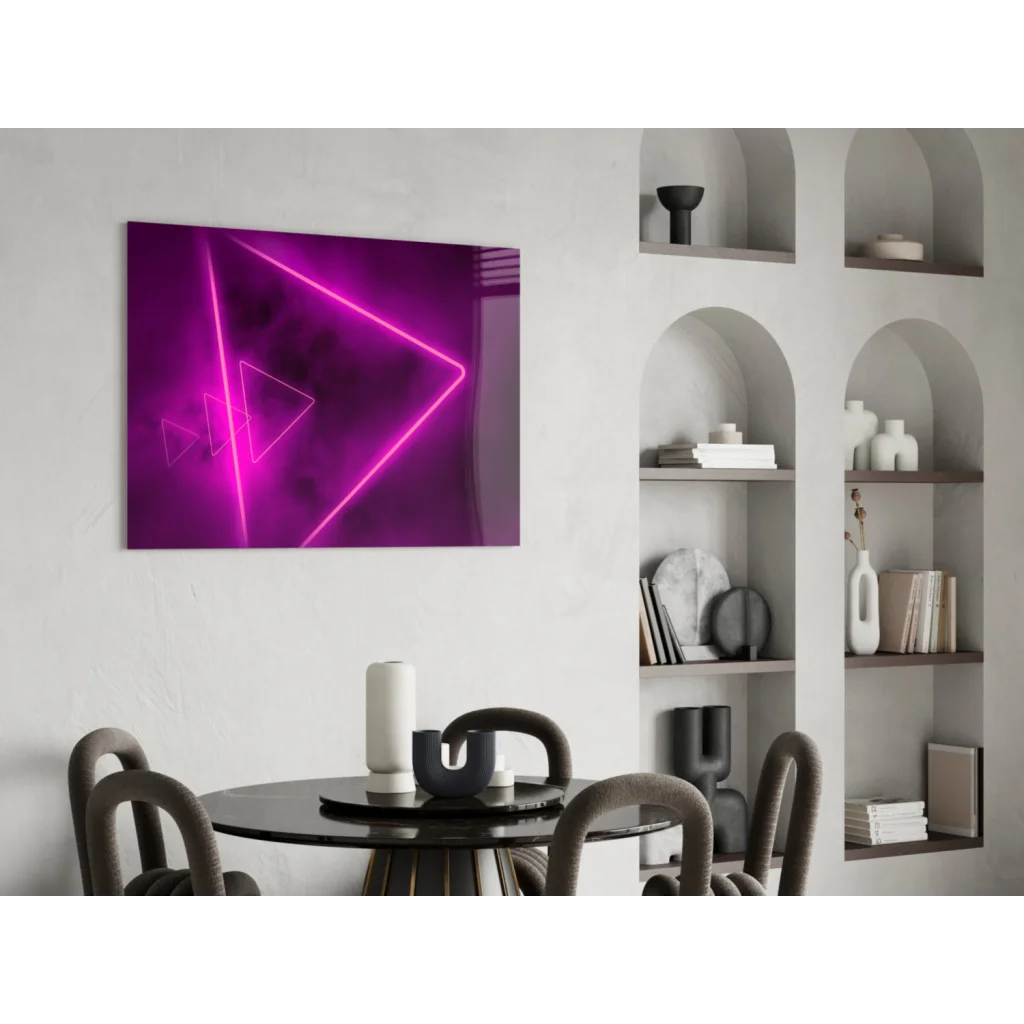 Vibrant electric purple pink glowing neon triangle glass wall art on white wall
