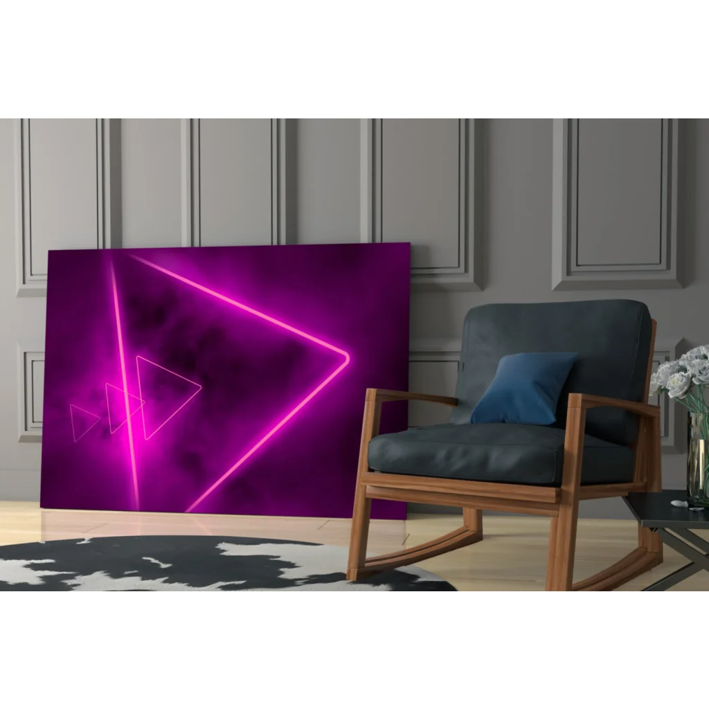 Vibrant purple neon triangle glass wall art with glowing pink outlines