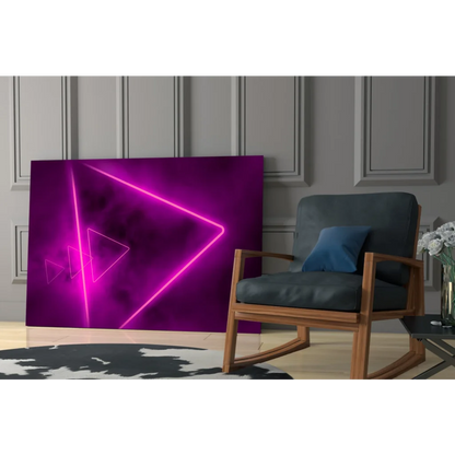 Vibrant purple neon triangle glass wall art with glowing pink outlines