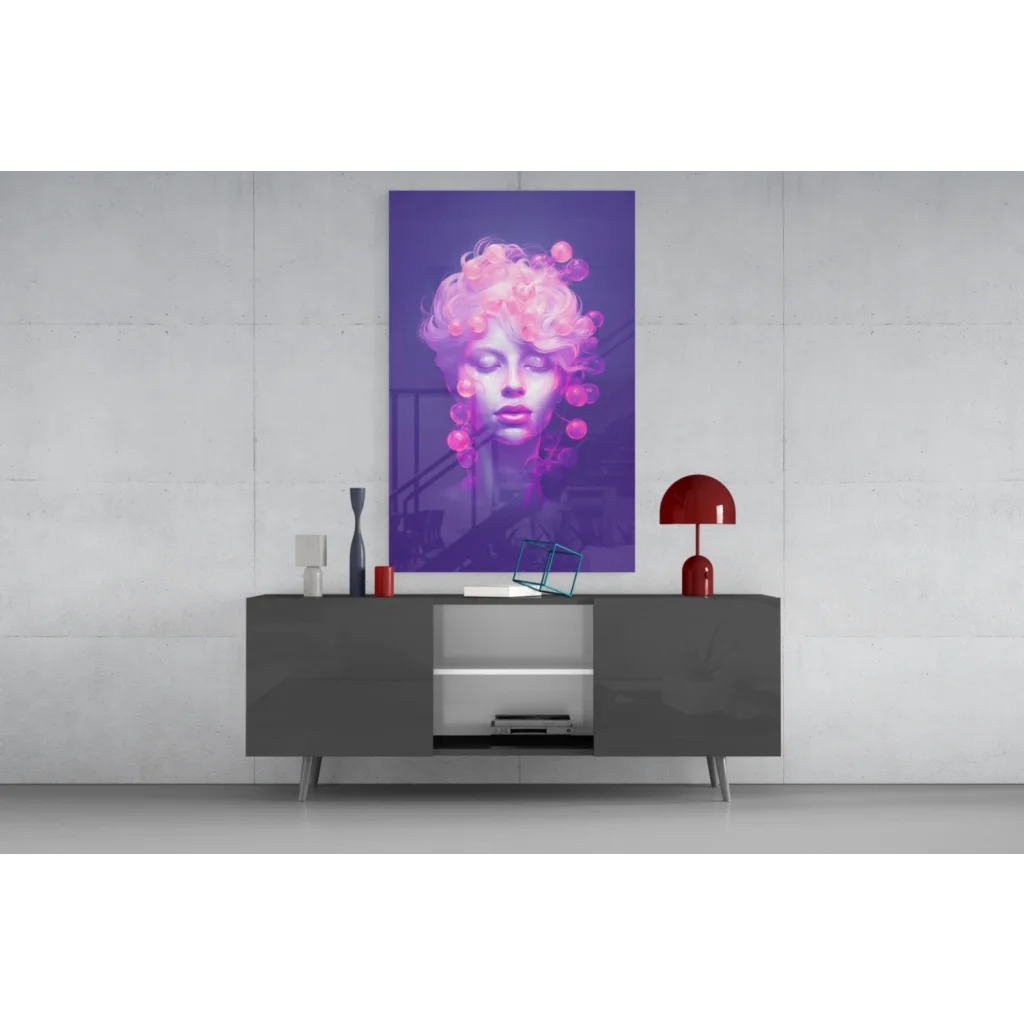 Vibrant purple pink woman portrait wall art with bubble hair on canvas