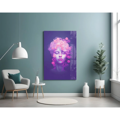 Vibrant purple woman portrait canvas wall art with glowing pink bubble hair