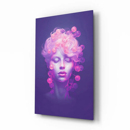 Stylized purple-framed canvas wall art of woman with glowing pink orbs in curly hair