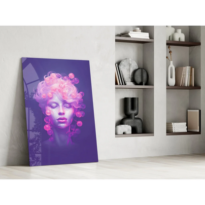 Stylized purple woman portrait canvas wall art with glowing pink magenta orbs in hair