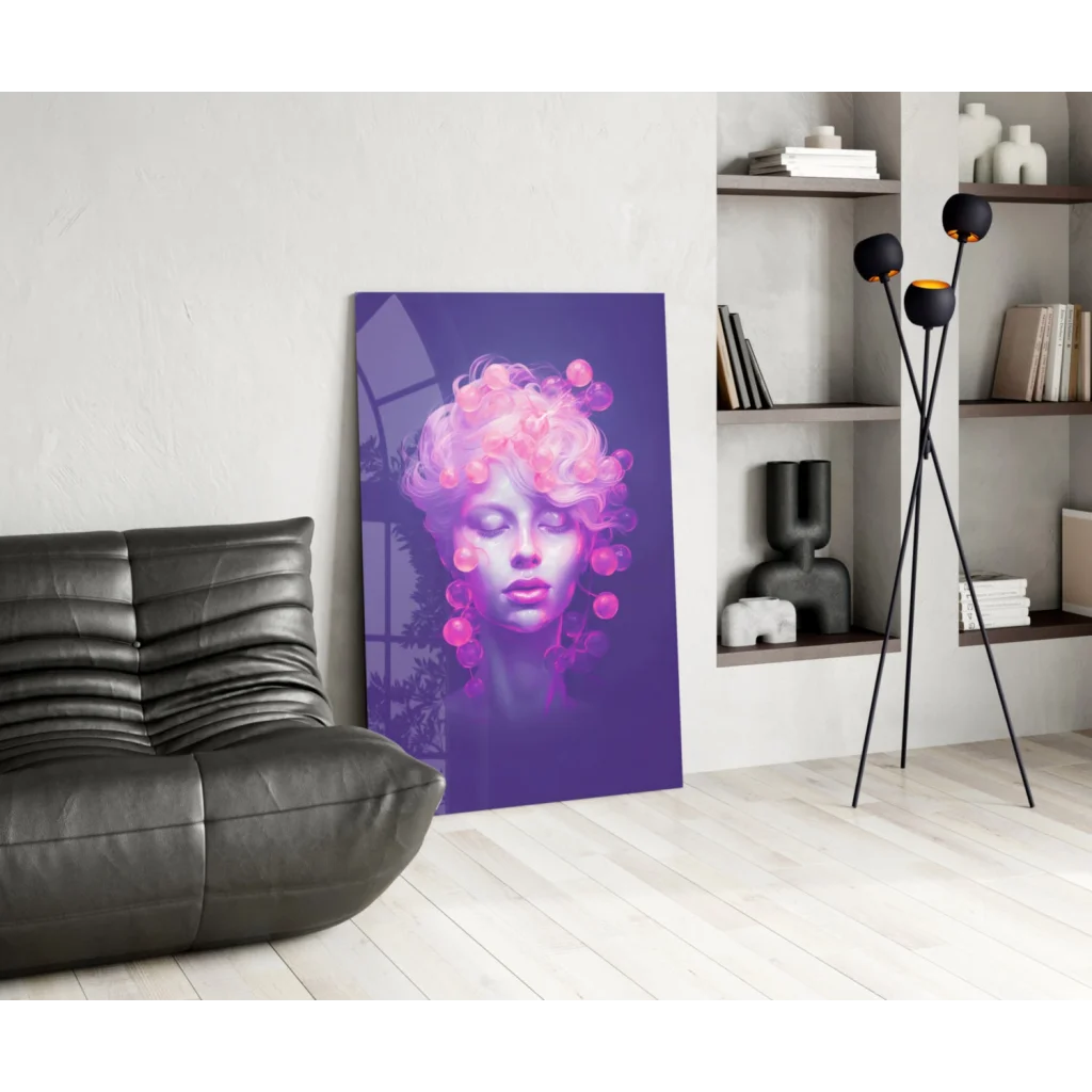 Stylized purple woman portrait canvas wall art with glowing pink orbs