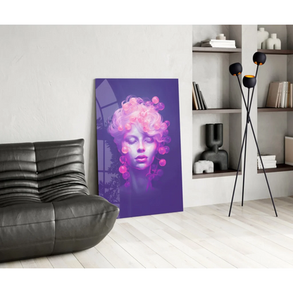 Stylized purple woman portrait canvas wall art with glowing pink orbs