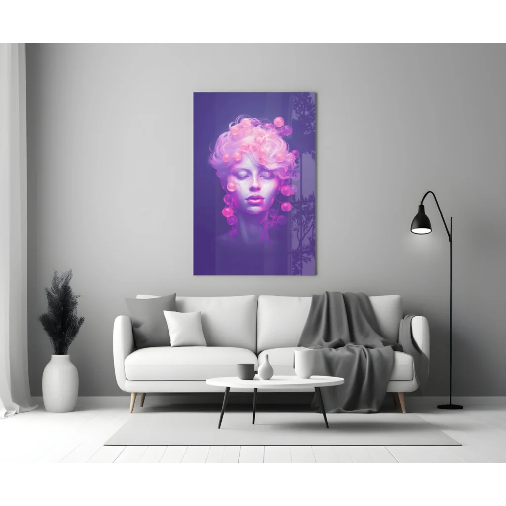Vibrant purple pink woman portrait canvas wall art with glowing orbs
