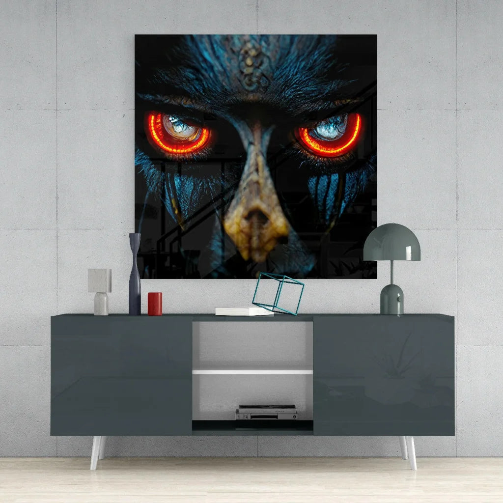 Menacing blue creature with red eyes in Glowing Red Eye Crow glass wall art print