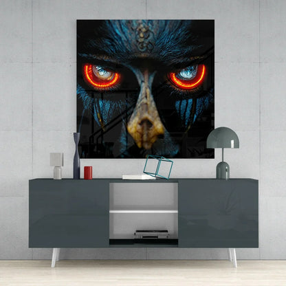 Menacing blue creature with red eyes in Glowing Red Eye Crow glass wall art print