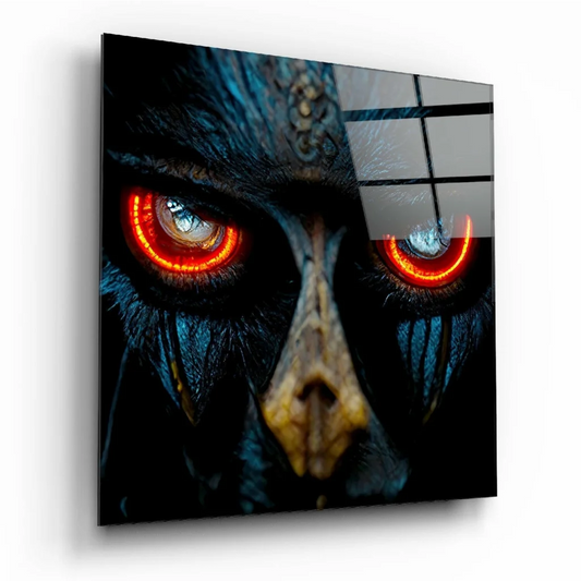 Glowing red eye black crow on glass wall art print