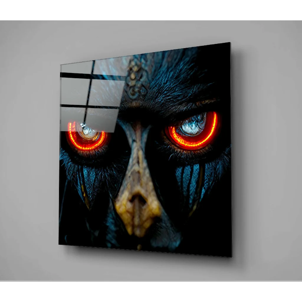 Black and blue crow with glowing red eyes glass wall art print