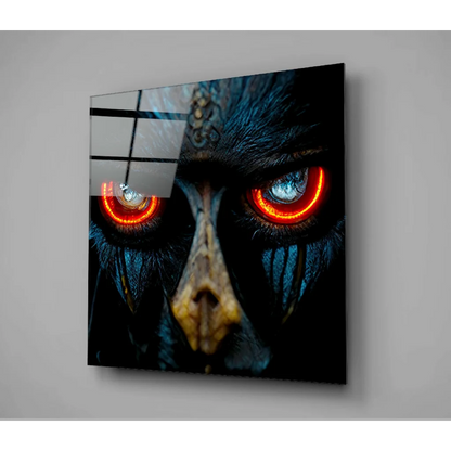 Black and blue crow with glowing red eyes glass wall art print