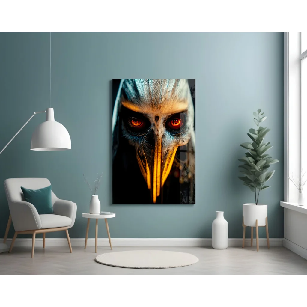 Black and red skull glass wall art with glowing red eyes