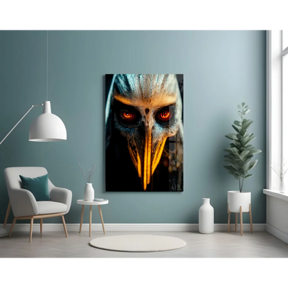 Black and red skull glass wall art with glowing red eyes