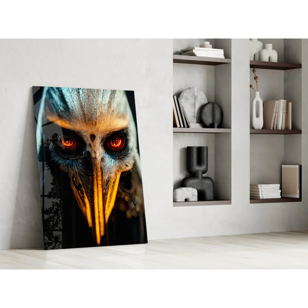 Black and orange bird in glowing red eye skull glass wall art print