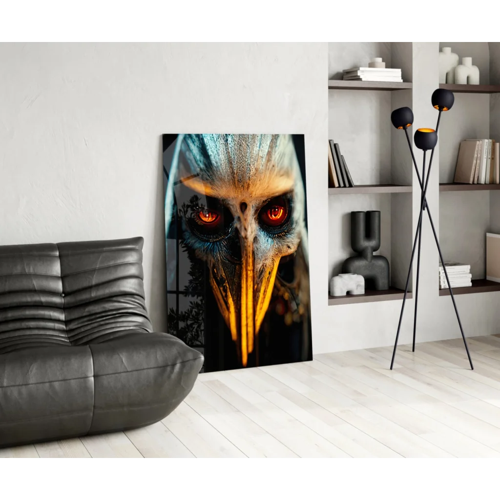 Modern black leather sofa with glowing red eye skull glass wall art