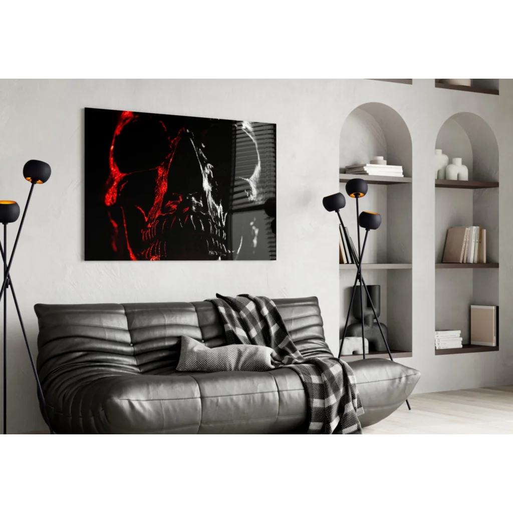 Glowing red skull wall art with crimson bone details on canvas