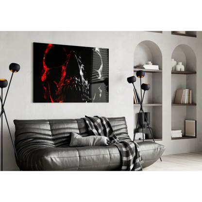 Glowing red skull wall art with crimson bone details on canvas