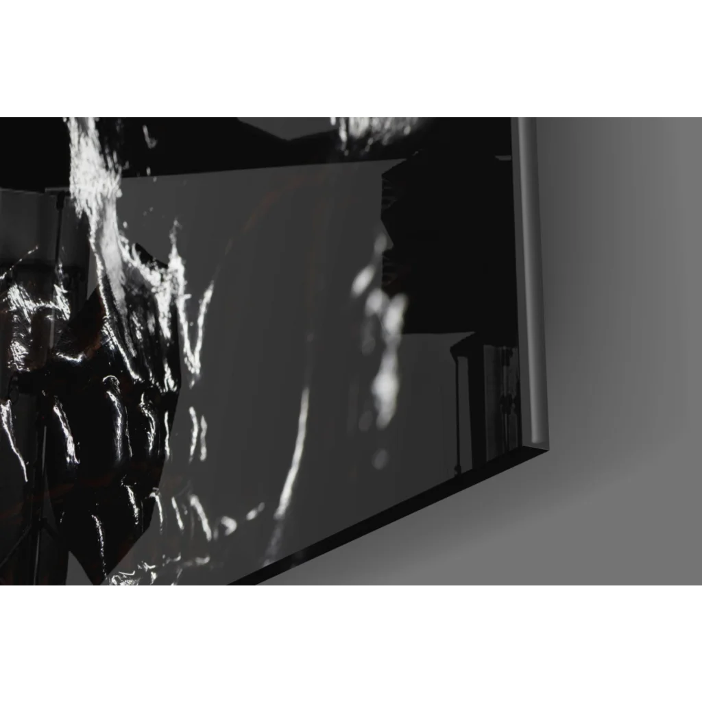 Black glossy reflective glass wall art with silver frame and red skull design