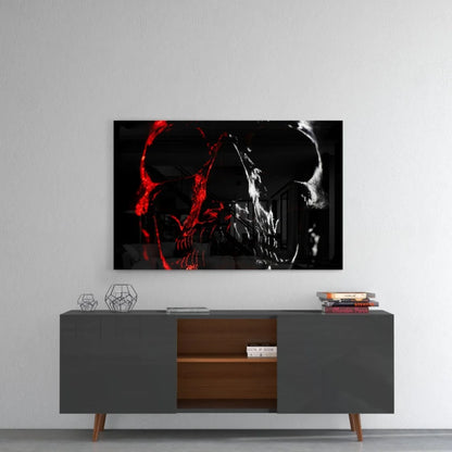 Glowing red skull canvas wall art with crimson bone details