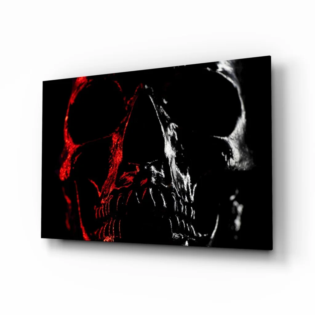 Glowing red skull wall art on glossy black canvas with crimson bones