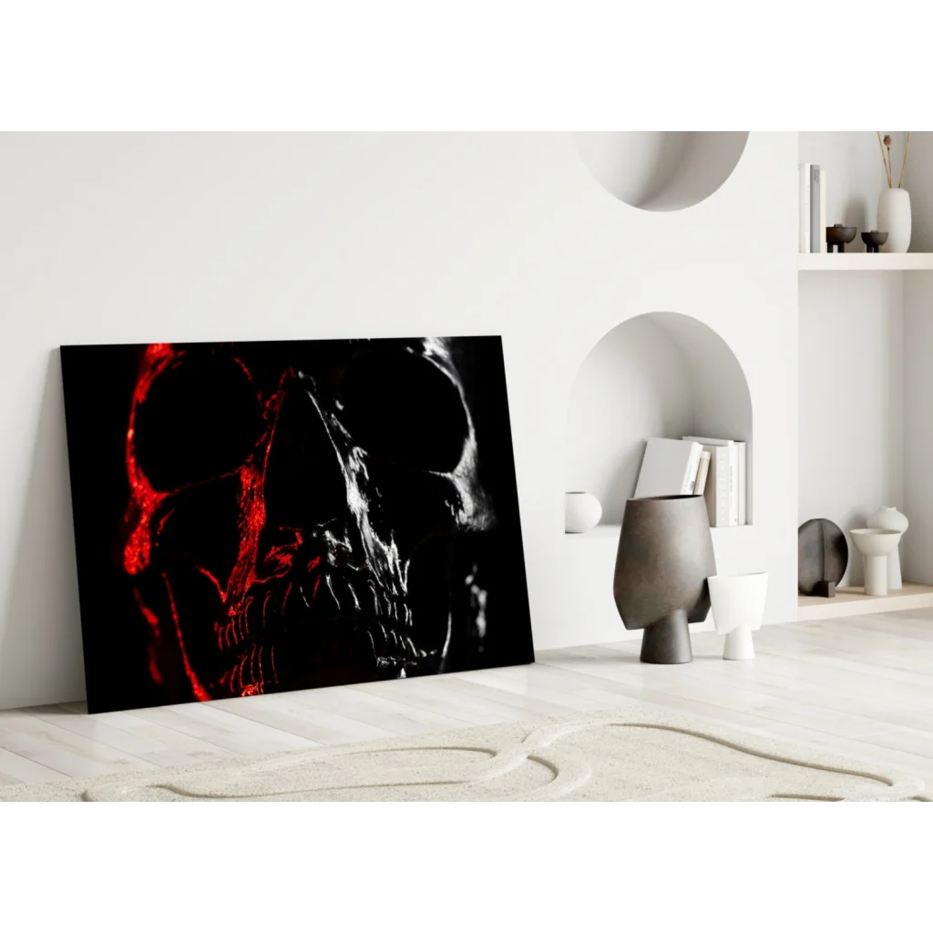 Glowing red skull canvas wall art with crimson bone details