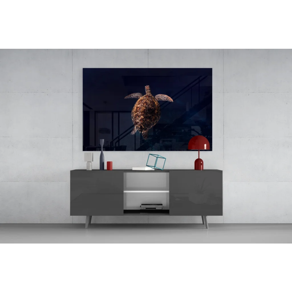 Glowing sea turtle glass wall art with textured shell