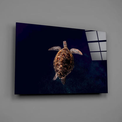 Glowing sea turtle glass wall art with textured shell on dark blue canvas