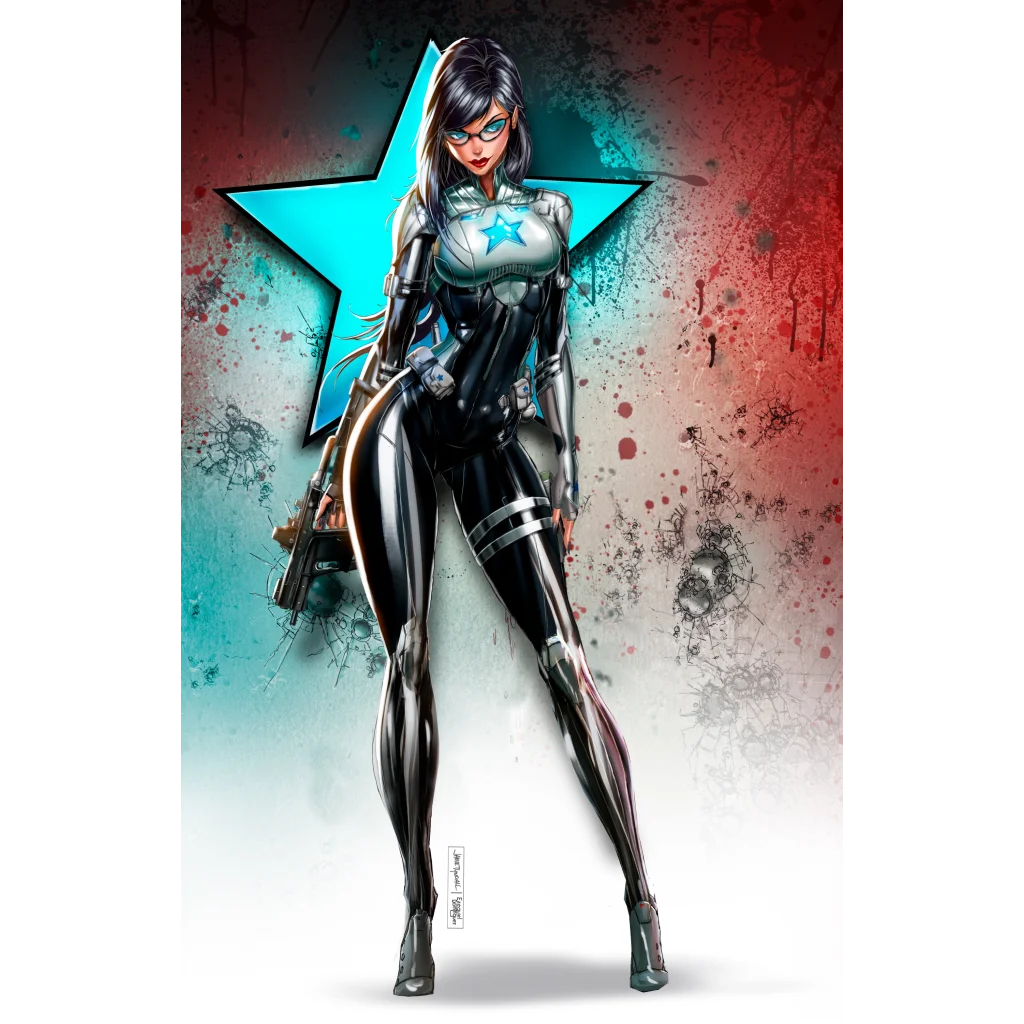Sleek black silver superheroine in glowing star suit on brushed aluminum print