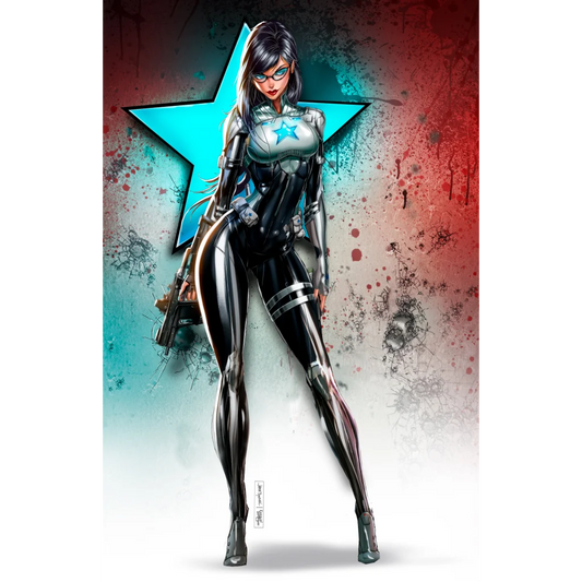 Sleek black silver superheroine in glowing star suit on brushed aluminum print