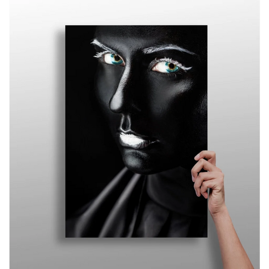 Glowing teal eyes black canvas portrait with silver face accents