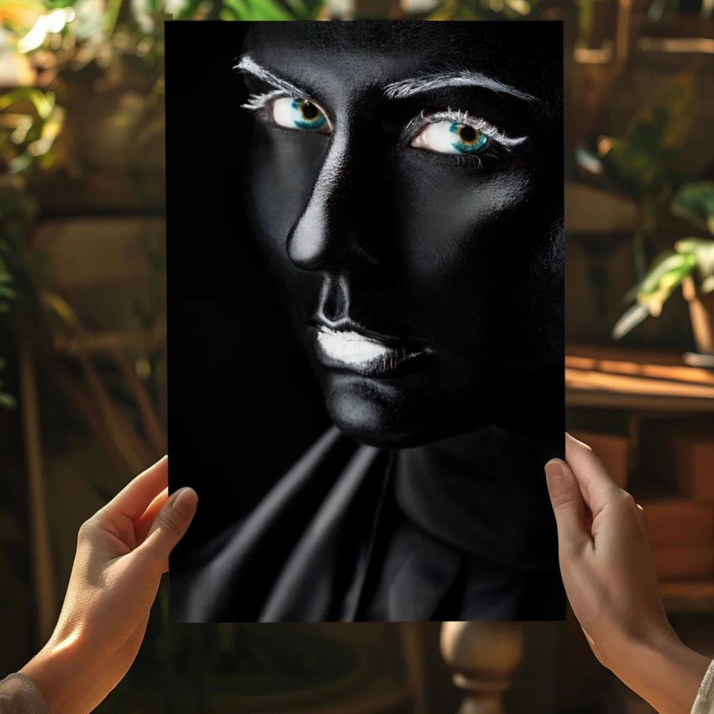 Striking black-and-white portrait with glowing teal eyes and silver accents