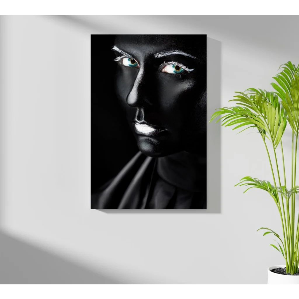 Black canvas portrait with glowing teal eyes, white eyeliner, silver accents