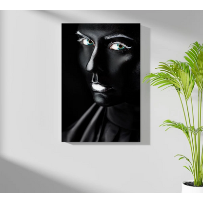 Black canvas portrait with glowing teal eyes, white eyeliner, silver accents