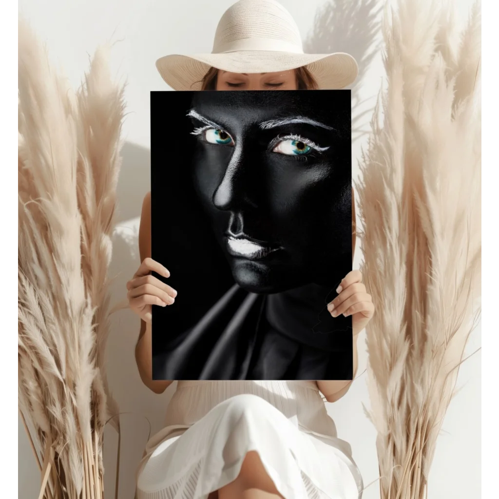 Glowing teal eyes black canvas portrait with silver accents