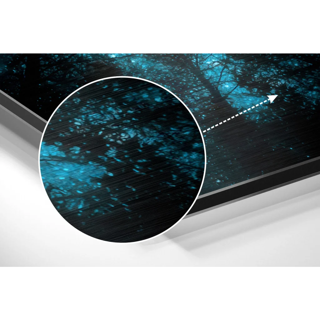 glass wall art Sleek TV screen showing vivid blue forest on brushed aluminium dibond