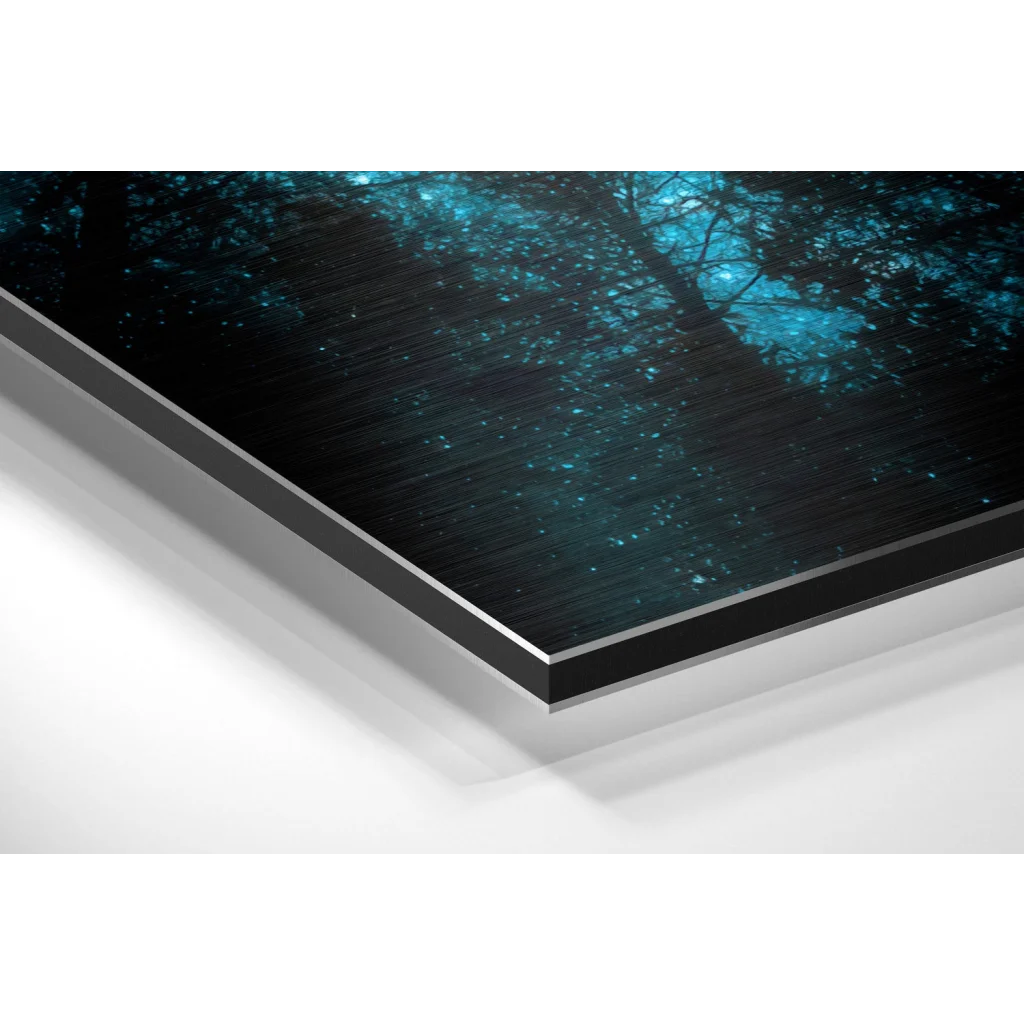 Glass Wall Art Sleek black-framed glowing teal forest on brushed aluminium dibond print