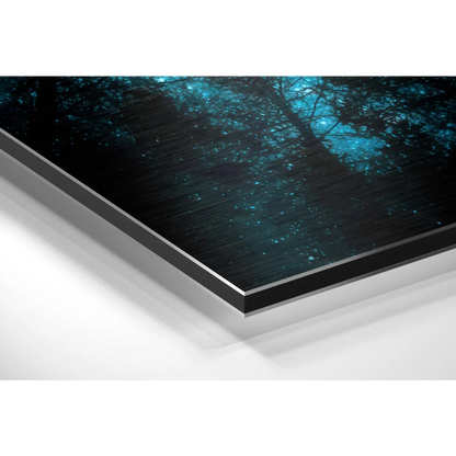 Sleek black-framed glowing teal forest on brushed aluminium dibond print